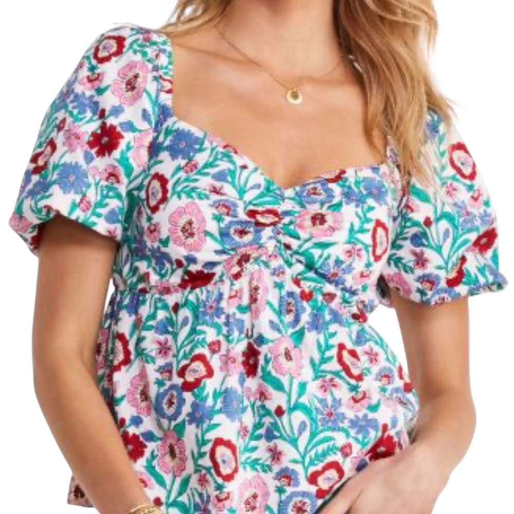 Vineyard Vines Womens Floral Puff Sleeve Peplum Top White Red‎ Blue Pink Large